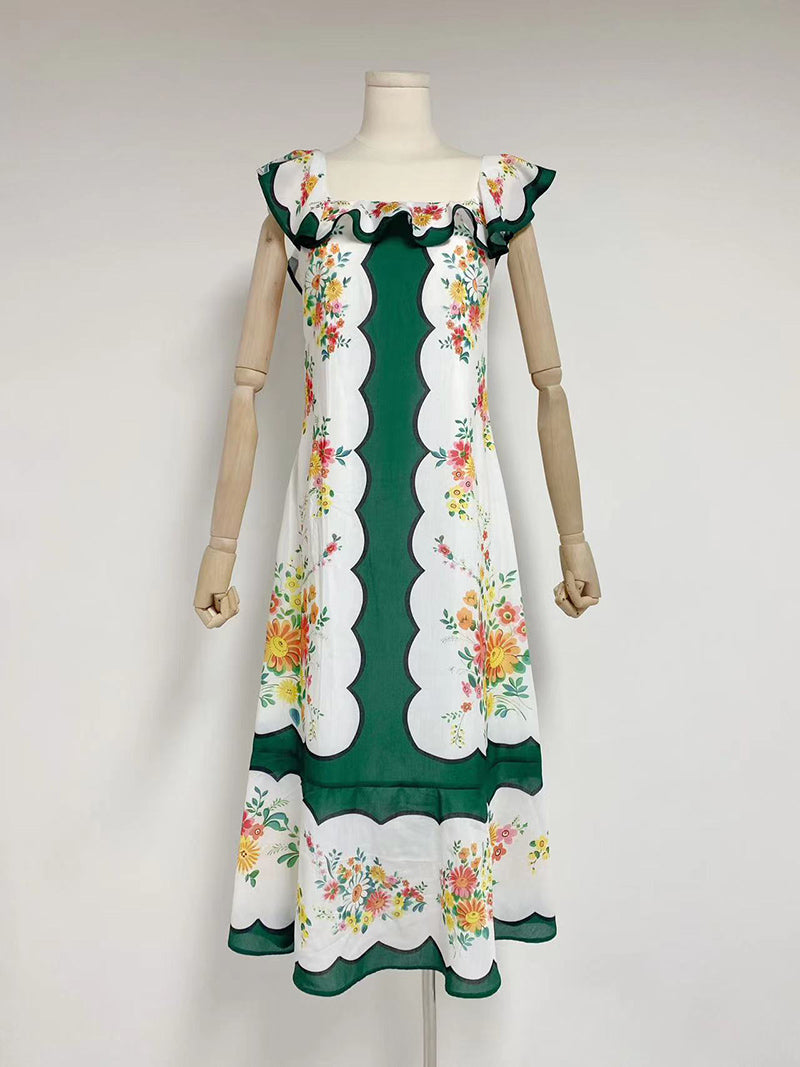 Ruffle Trim Floral Print Midi Dress