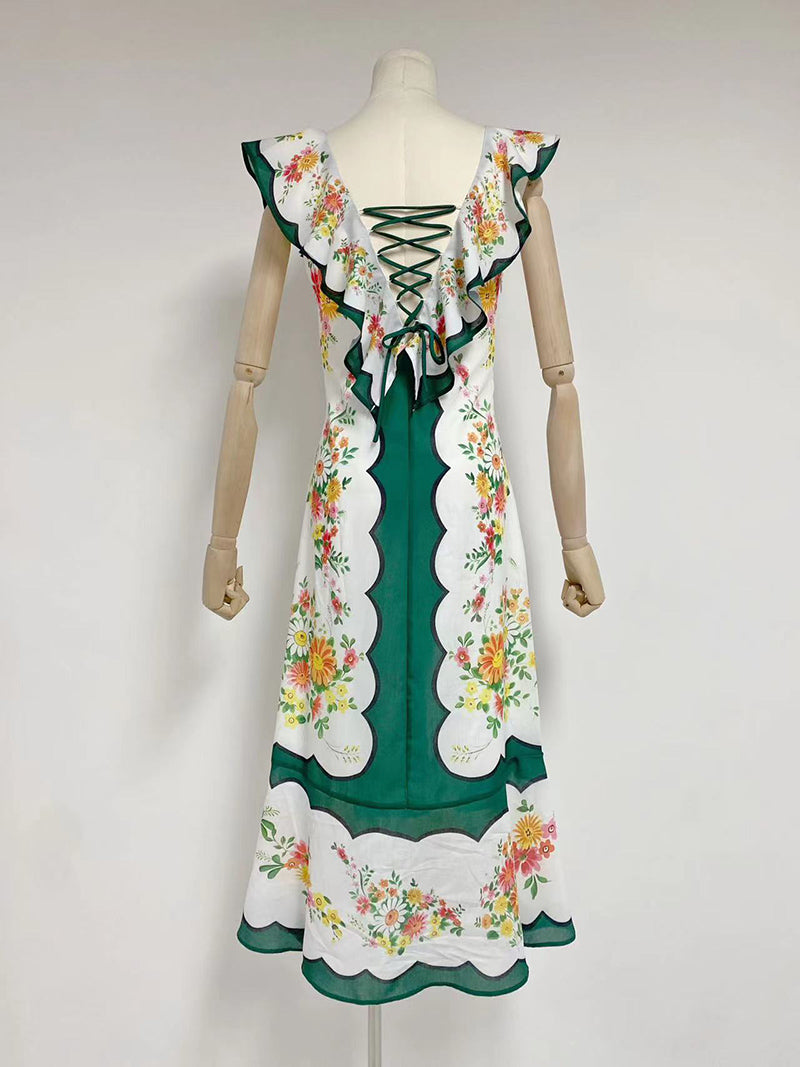 Ruffle Trim Floral Print Midi Dress