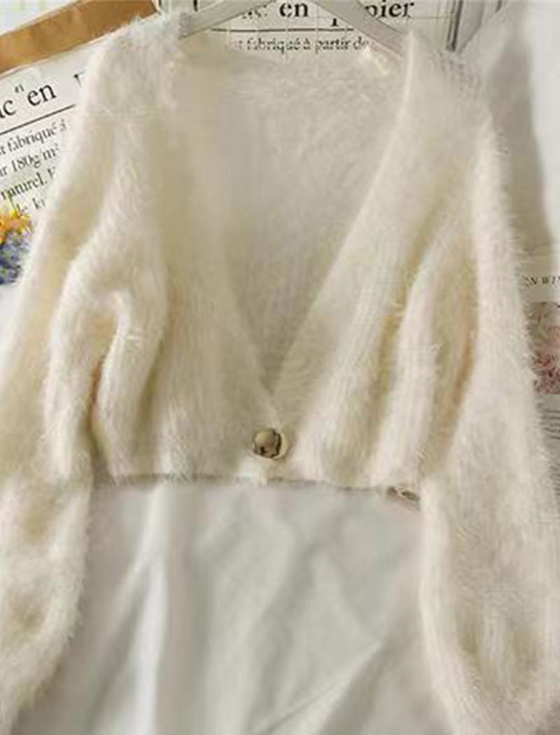Cropped Furry Cardigan with Button Closure