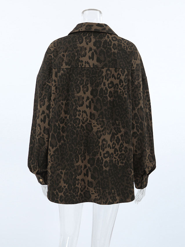 Leopard Print Collared Long Sleeve Jacket