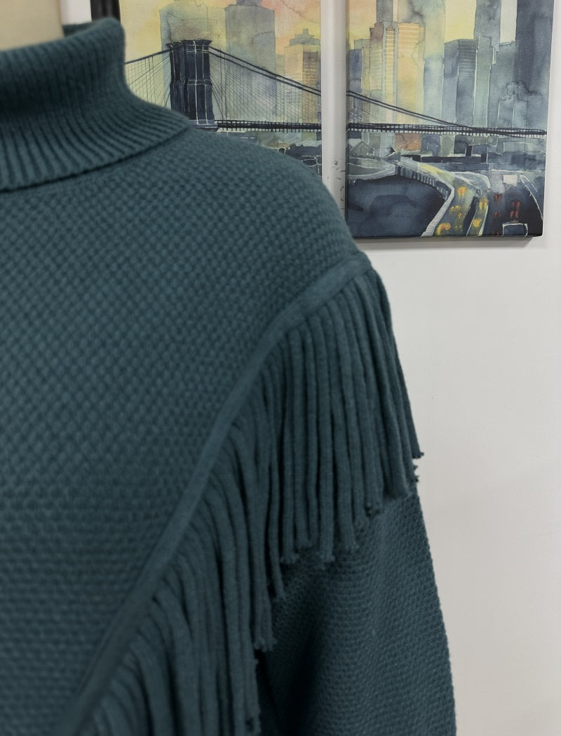 Fringe Knit Turtleneck Sweater with V-Design