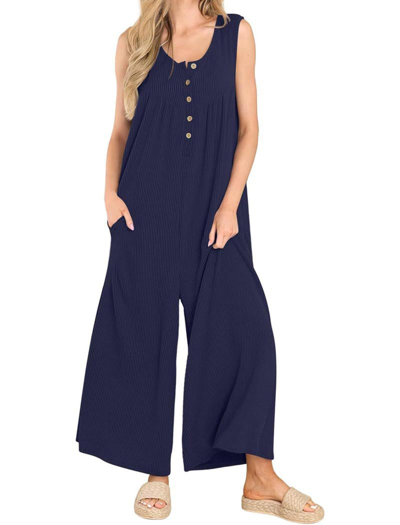 Button-Front Wide-Leg Sleeveless Jumpsuit