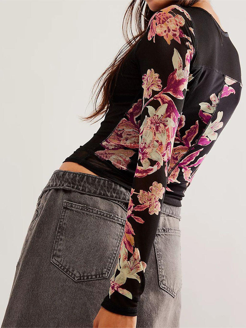 Floral Print Long-Sleeve Crop Top