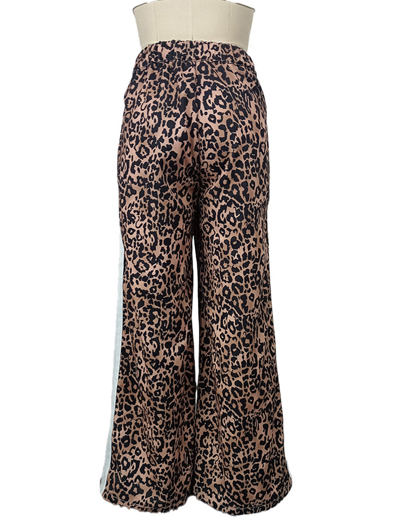 Leopard Print Striepd Wide-Leg Pants