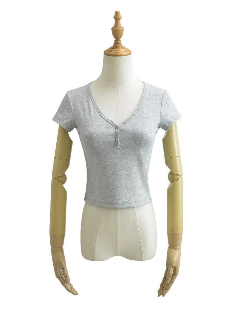 V-Neck Buttoned Short Sleeve Tee