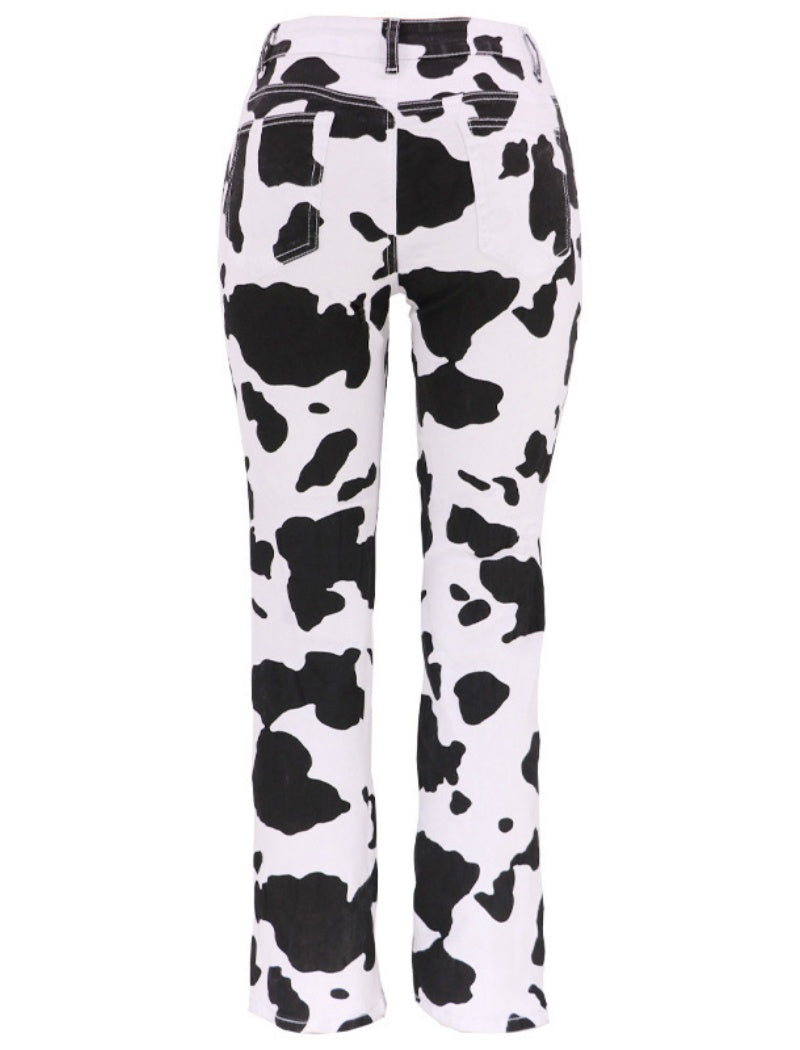 High-Waist Flared Cow Print Pants