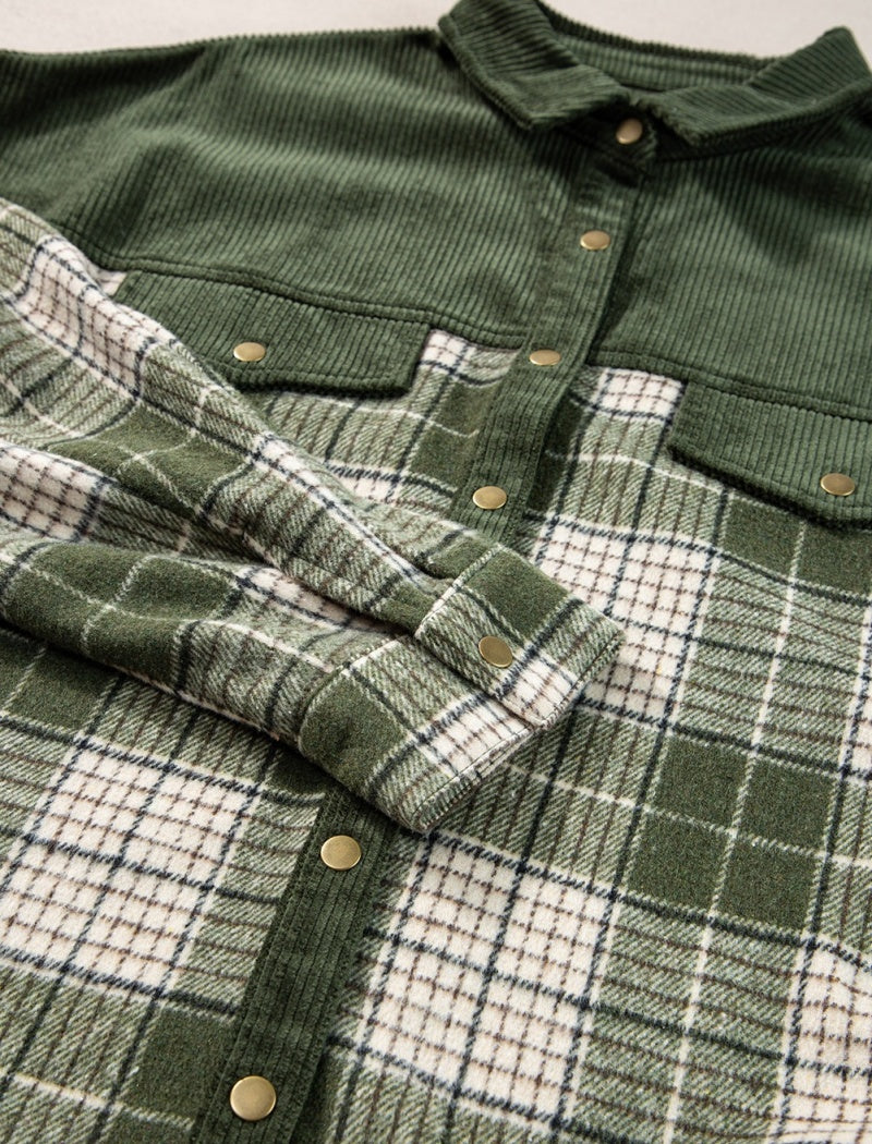 Plaid Color-Blocked Shirt Jacket