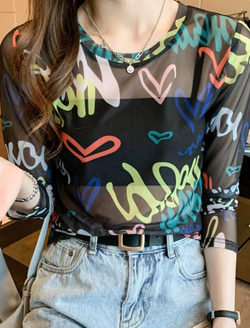 Graffiti Print Long Sleeve Mesh Tee