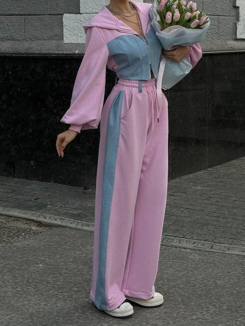 Zip-Up Cropped Hoodie and Colorblock Pants Set