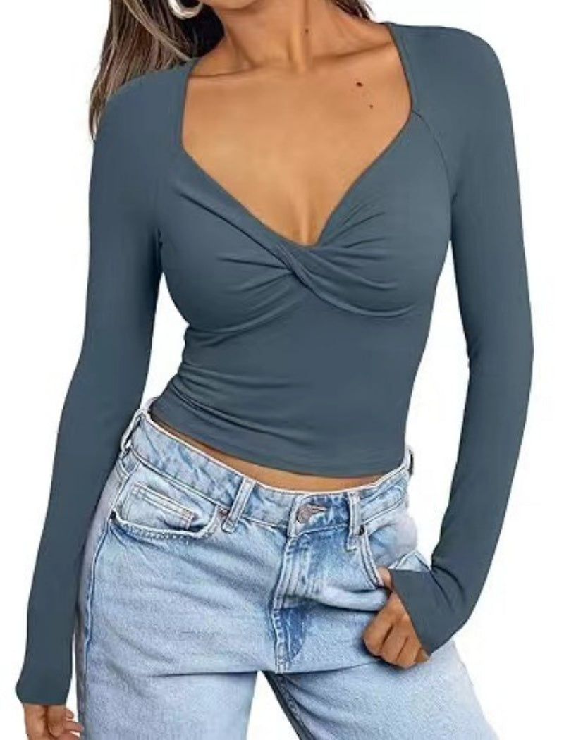 Twist Front V-Neck Slim Fit Long Sleeve Top