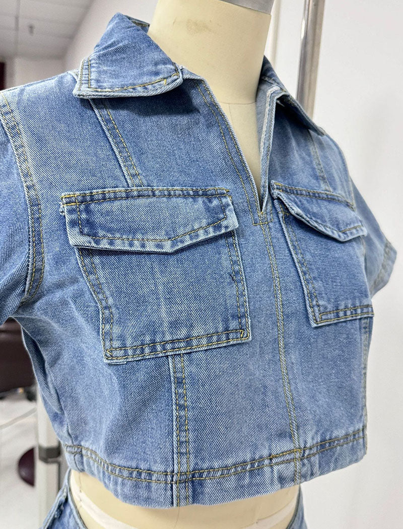 V-Neck Short Sleeve Top and Skirt Denim Set