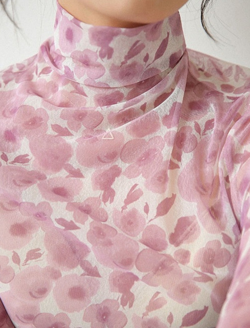 Semi-High Neck Printed Gradient Long Sleeve T-Shirt