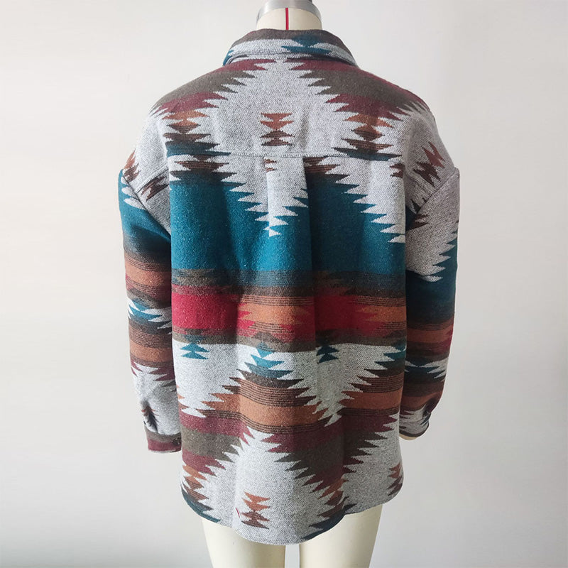 Geometric Print Cropped Loose Collar Jacket