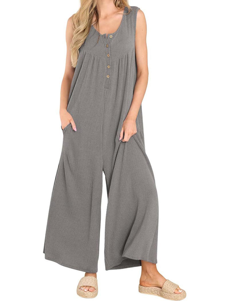 Button-Front Wide-Leg Sleeveless Jumpsuit
