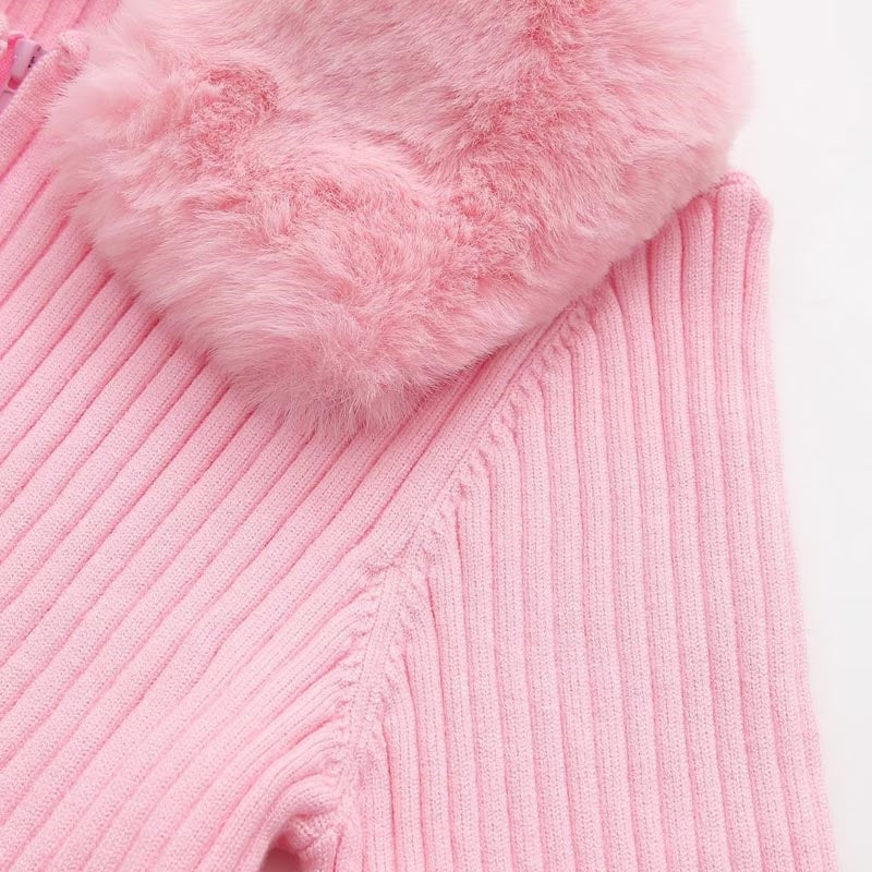 Fur-Trimmed Ribbed Cropped Jacket