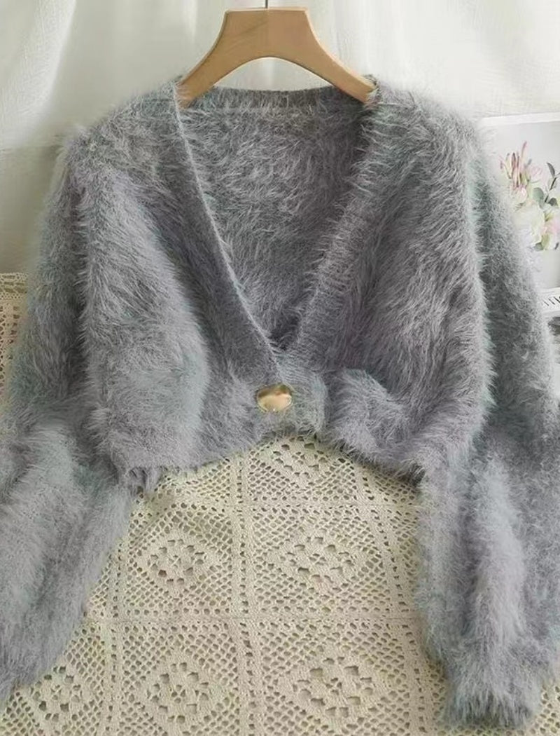 Cropped Furry Cardigan with Button Closure