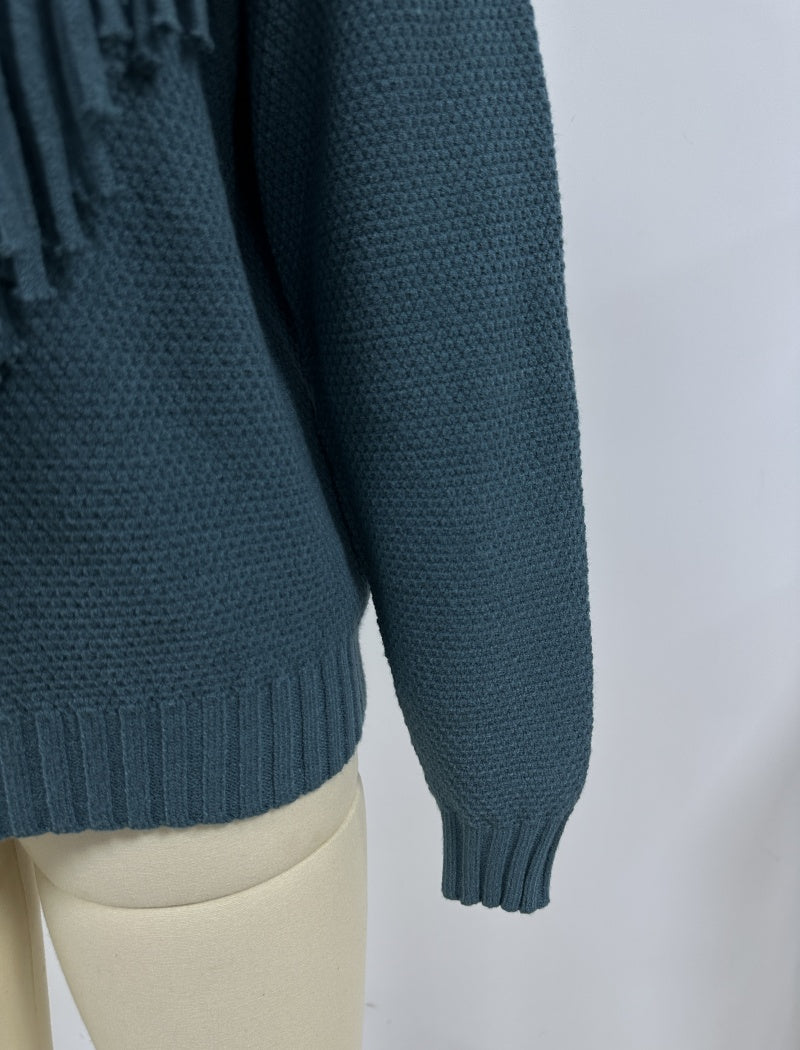 Fringe Knit Turtleneck Sweater with V-Design