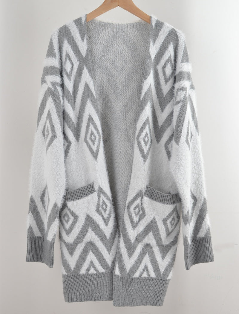 Geometric Knit Open-Front Cardigan