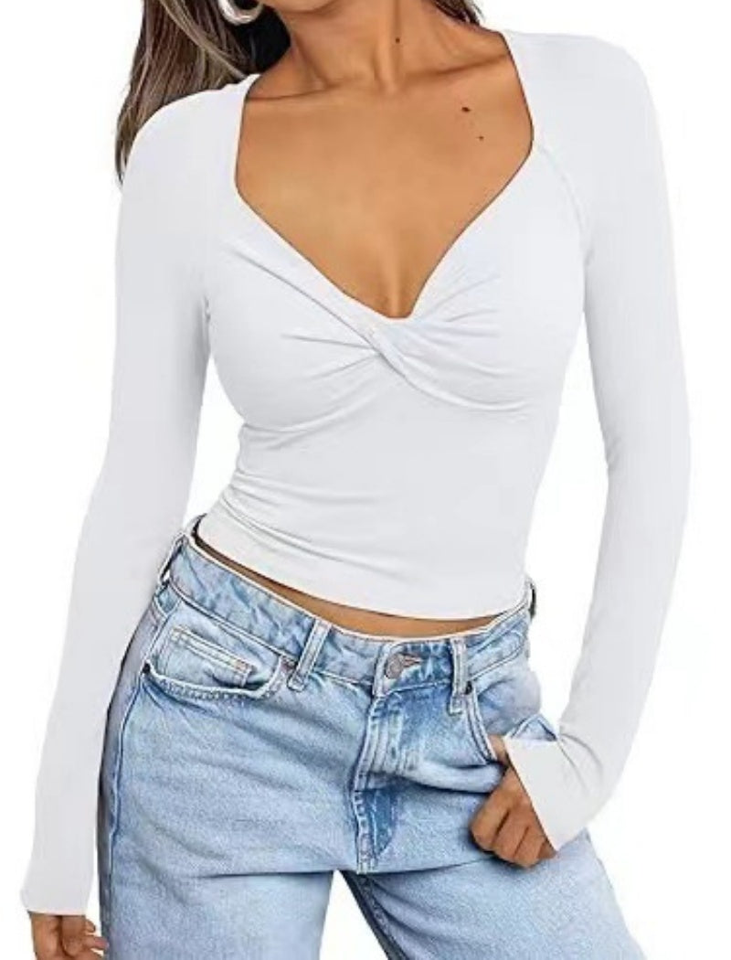 Twist Front V-Neck Slim Fit Long Sleeve Top