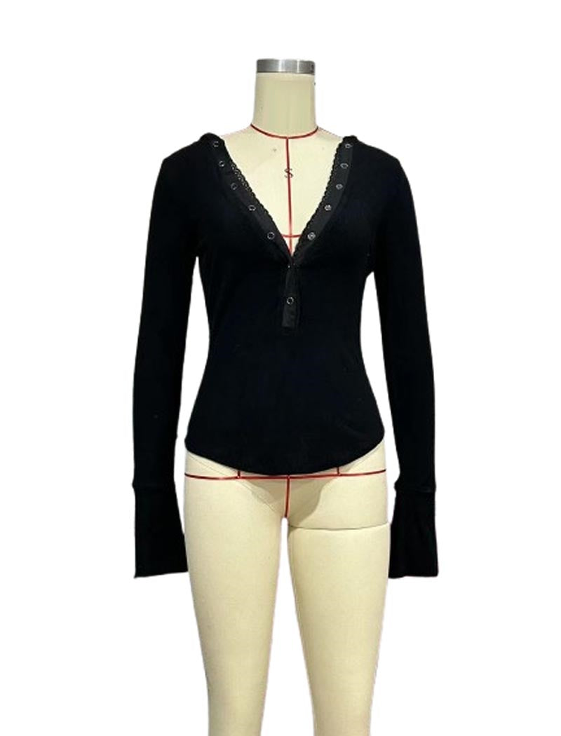 Ribbed V-Neck Henley Top