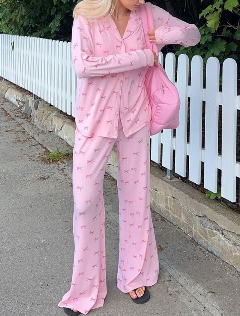 Pink Bow Print Pajama Set