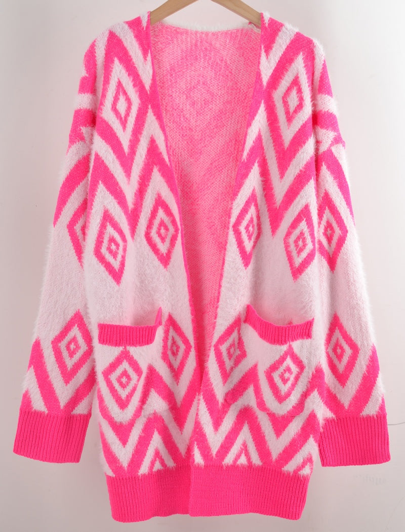 Geometric Knit Open-Front Cardigan