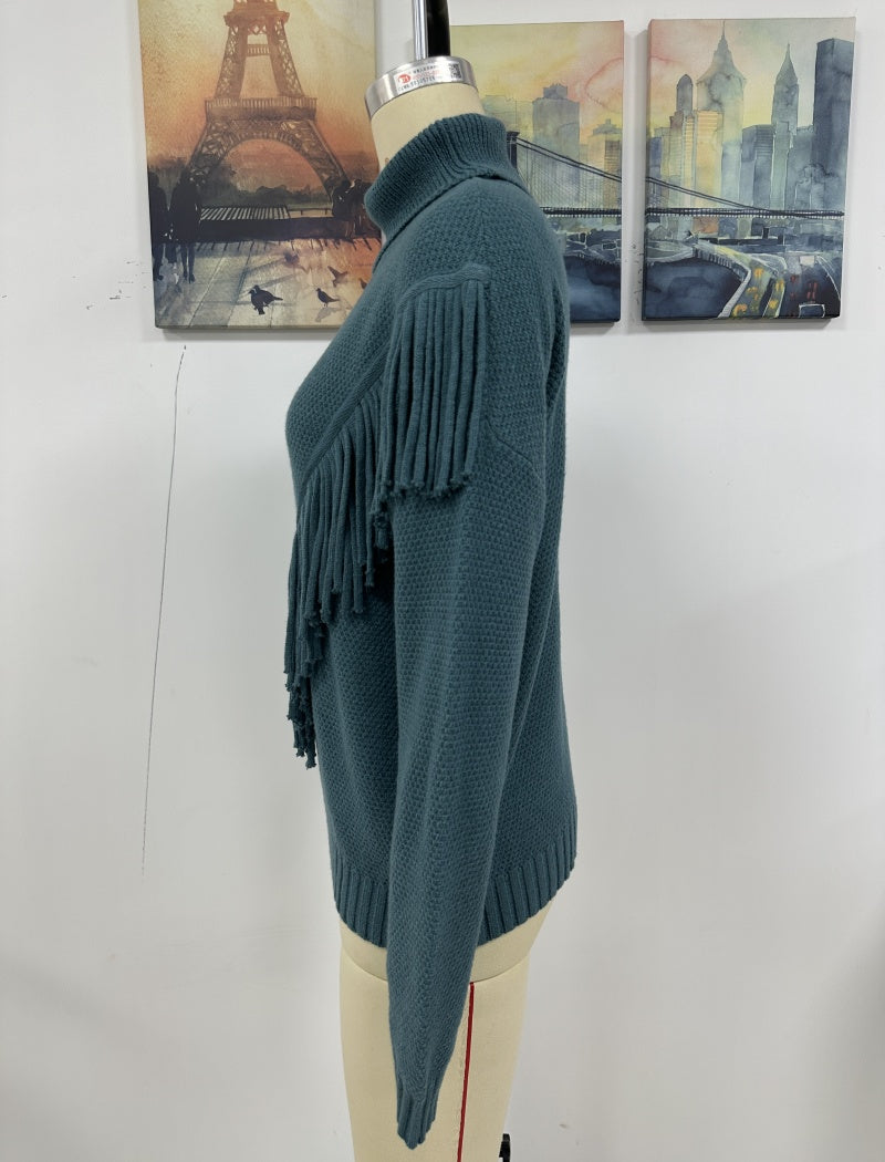 Fringe Knit Turtleneck Sweater with V-Design