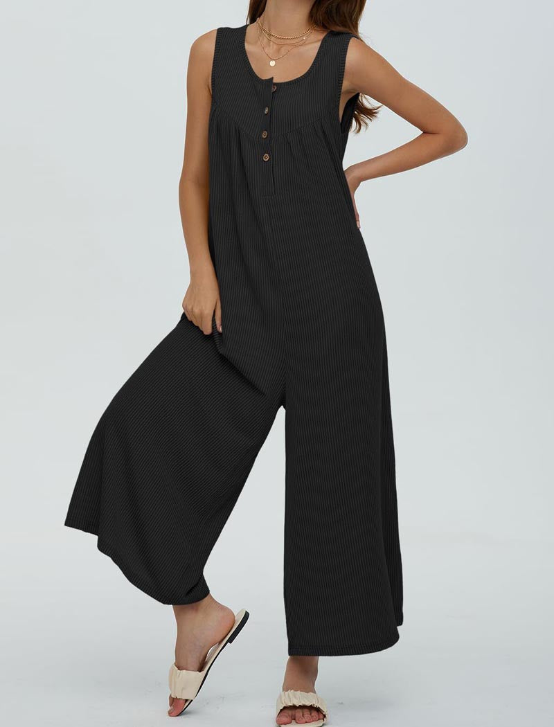 Button-Front Wide-Leg Sleeveless Jumpsuit