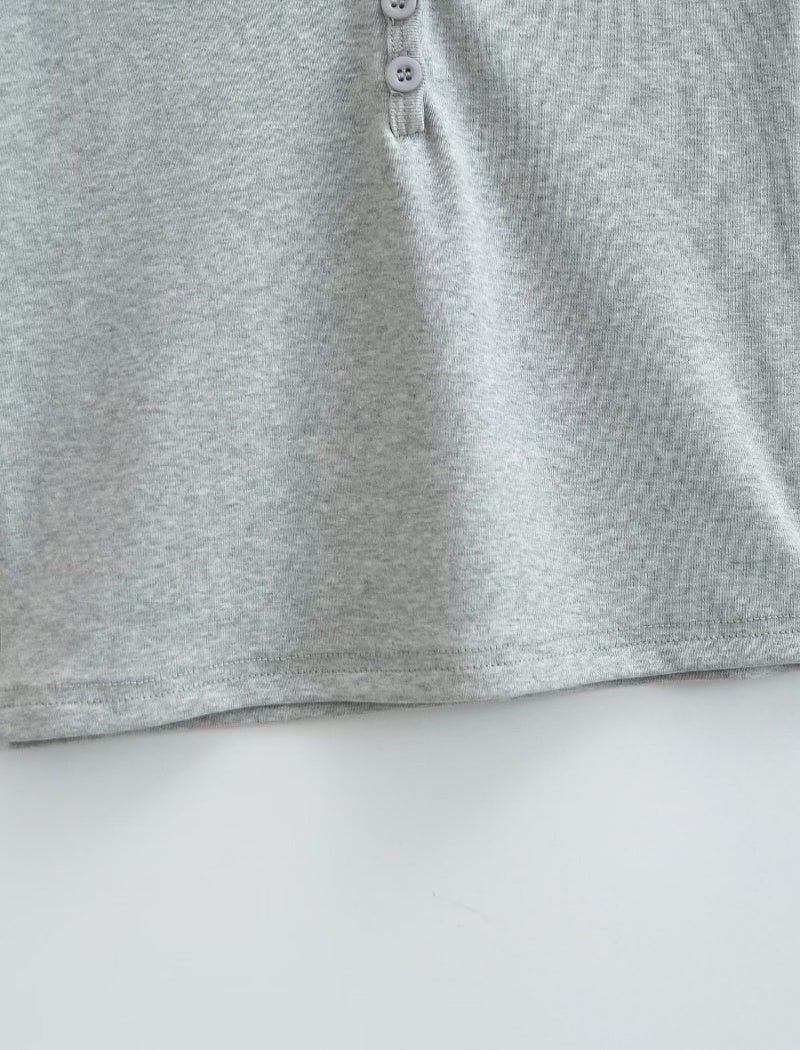 V-Neck Buttoned Short Sleeve Tee
