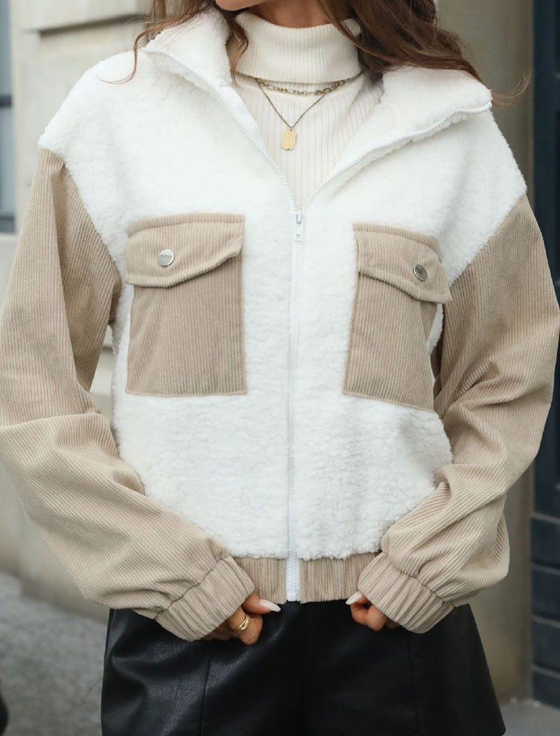 Plush Patchwork Corduroy Loose Cardigan