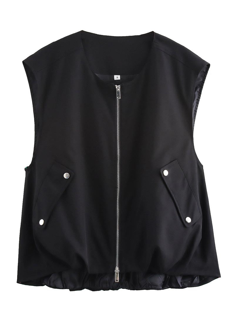 Sleeveless Pockets Zip-Up Vest