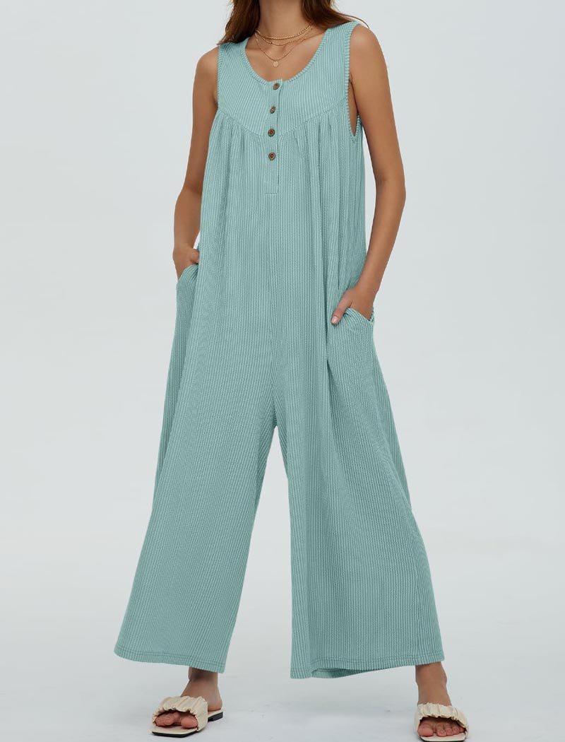 Button-Front Wide-Leg Sleeveless Jumpsuit