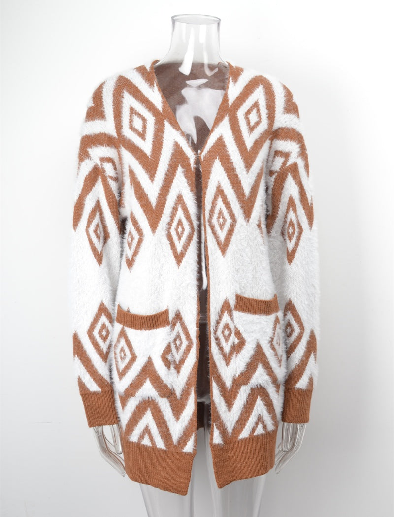 Geometric Knit Open-Front Cardigan