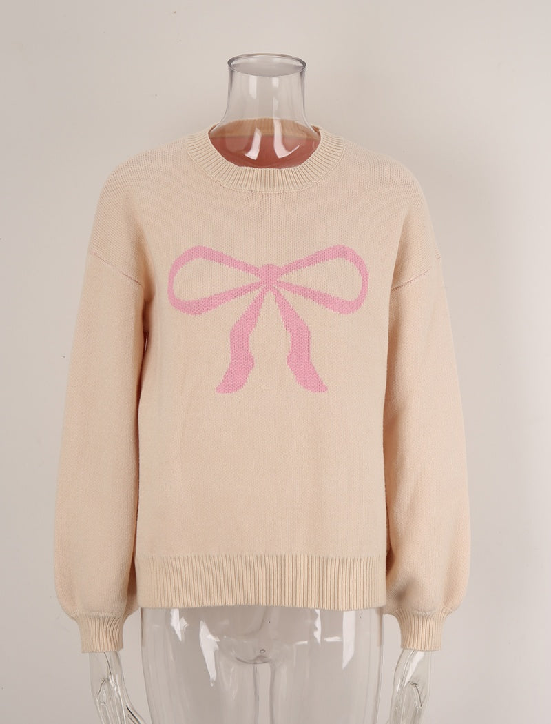 Crew Neck Sweater with Bow Graphic