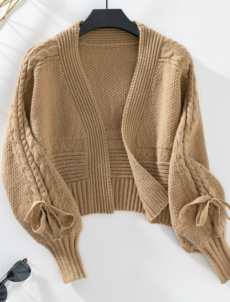 Cropped Cable Knit Cardigan with Tie Sleeves