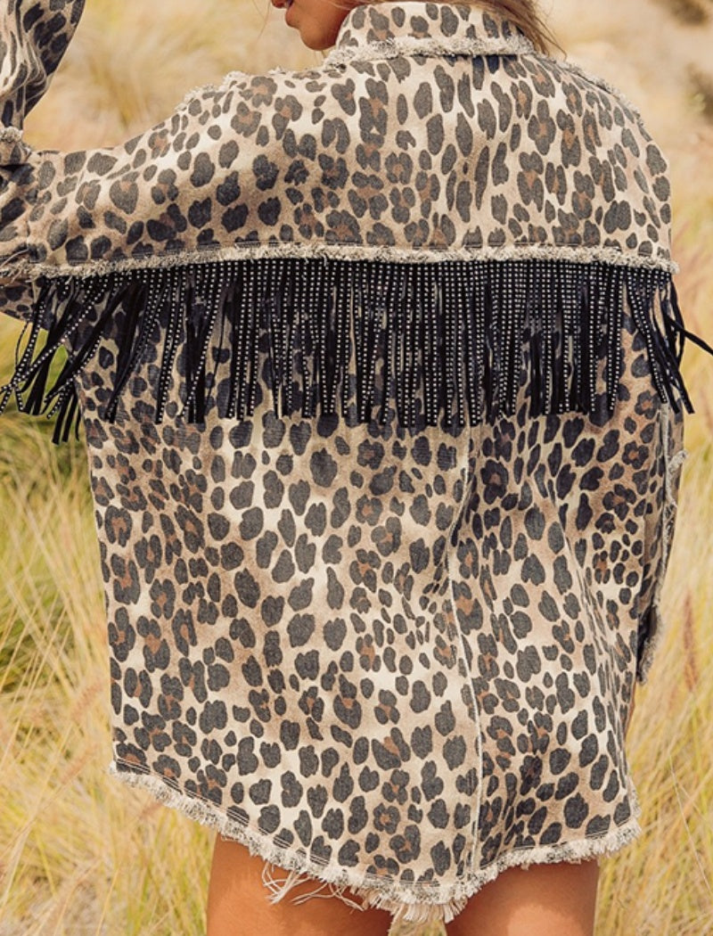 Leopard Fringe Denim Jacket with Raw Hem