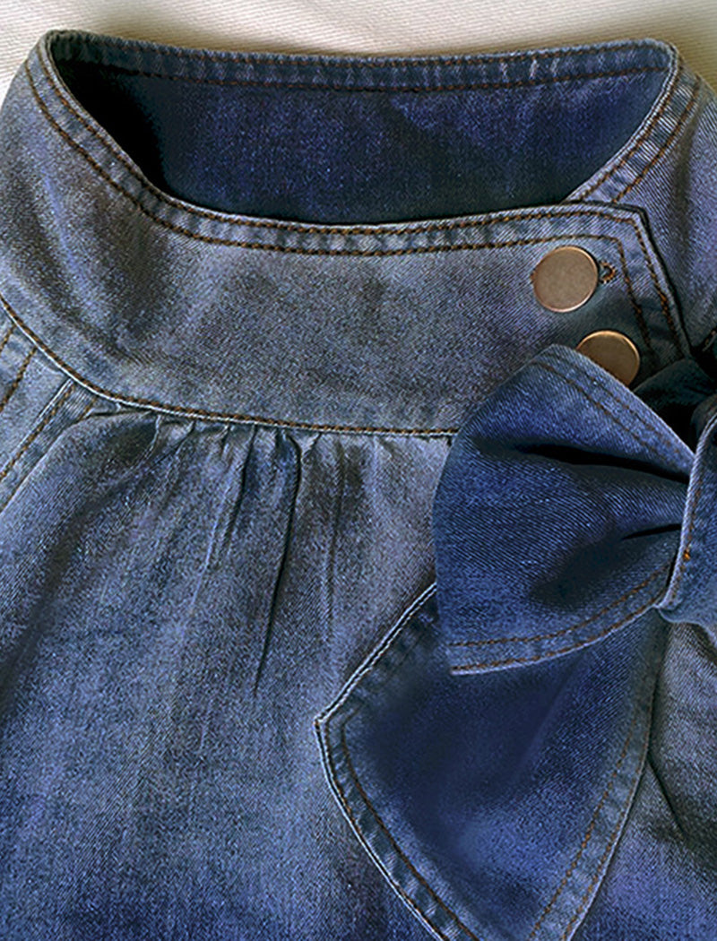 Puff Sleeve Denim Blouse with Bow Accent