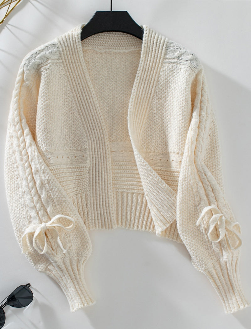 Cropped Cable Knit Cardigan with Tie Sleeves