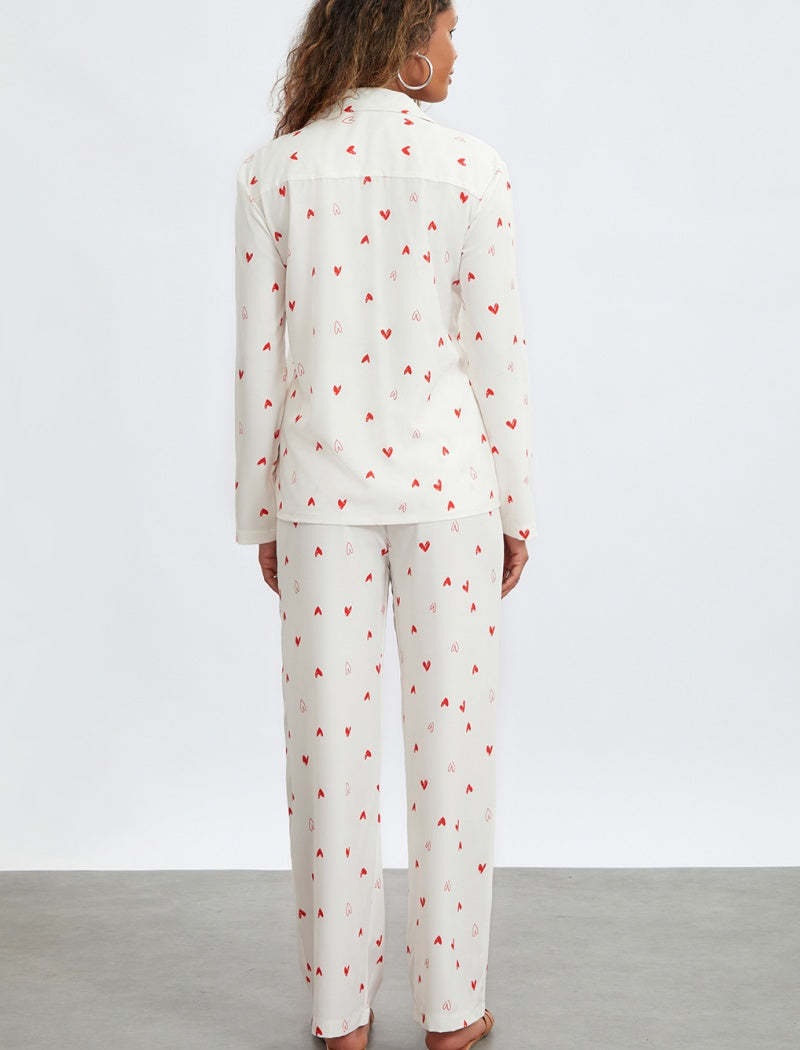 Heart Print Pajama Set with Long Sleeves