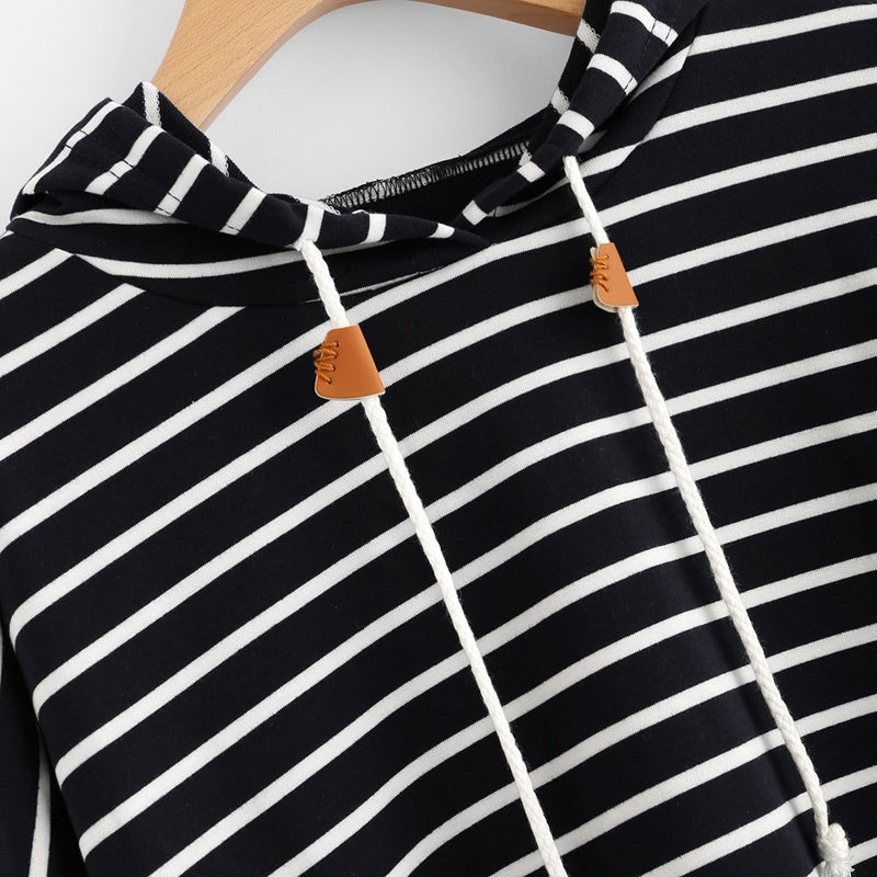 Striped Drawstring Hooded Long Sleeve Top