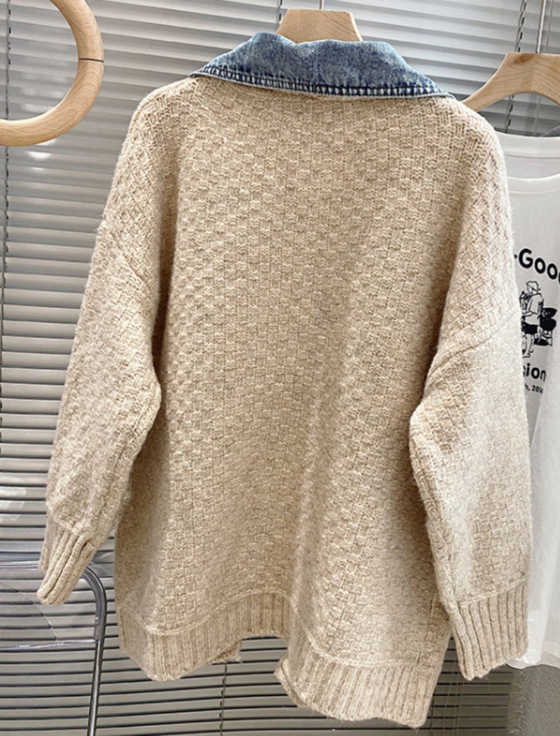Oversized Knit Cardigan with Denim Panels