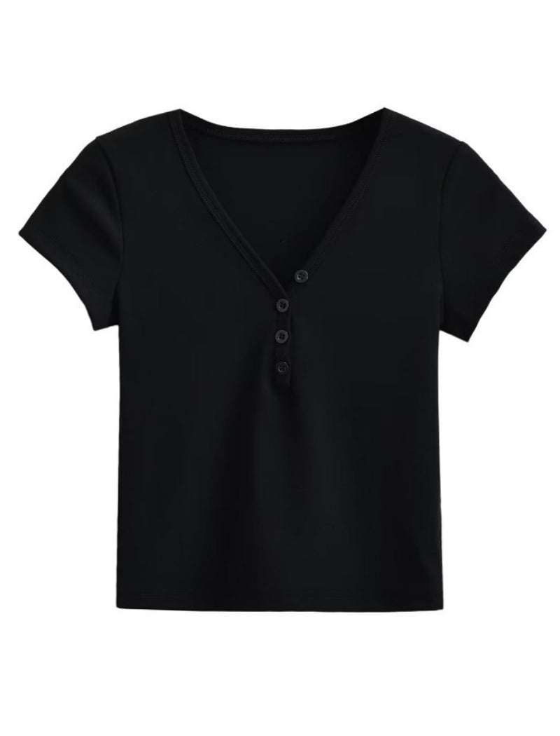 V-Neck Buttoned Short Sleeve Tee
