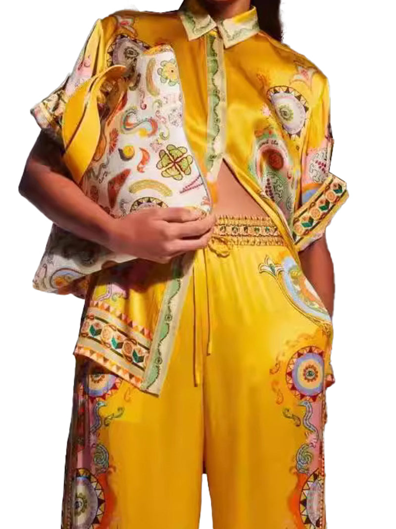 Graphic Print Shirt and Wide-Leg Pants Set