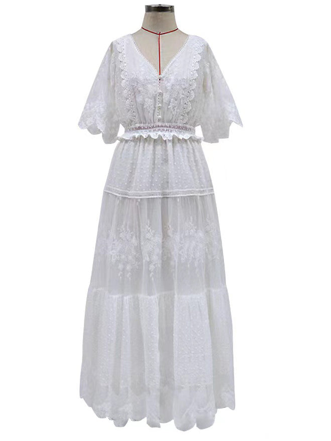 V-Neck Short Sleeve Lace Dress