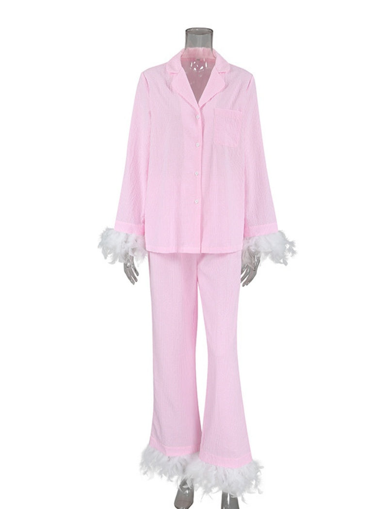 Feather-Trimmed Long Pajama Set