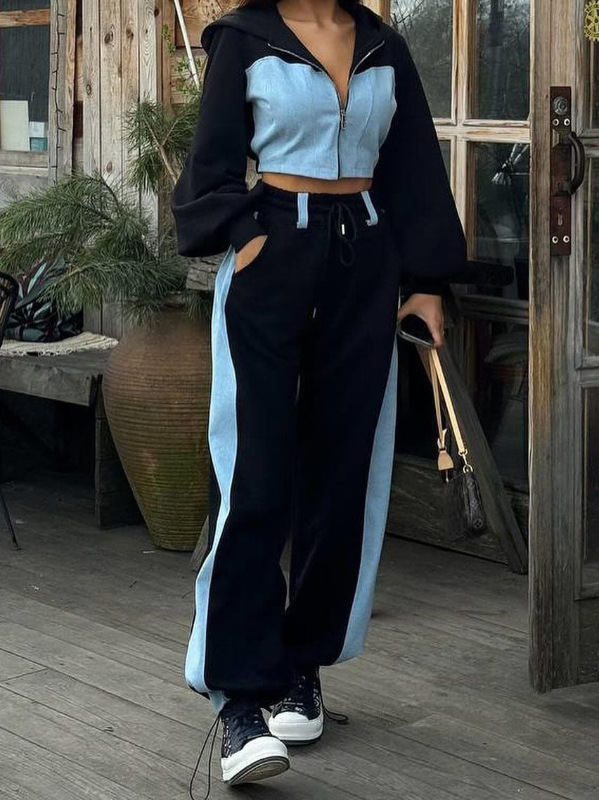 Zip-Up Cropped Hoodie and Colorblock Pants Set