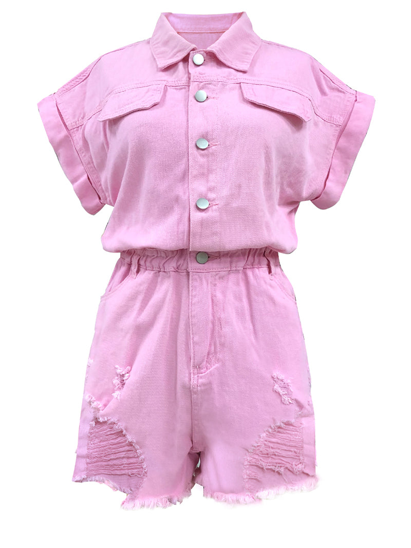 Distressed Button-Front Romper