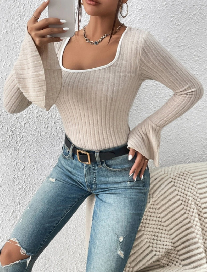 Ribbed Square Neck Long Sleeve Top