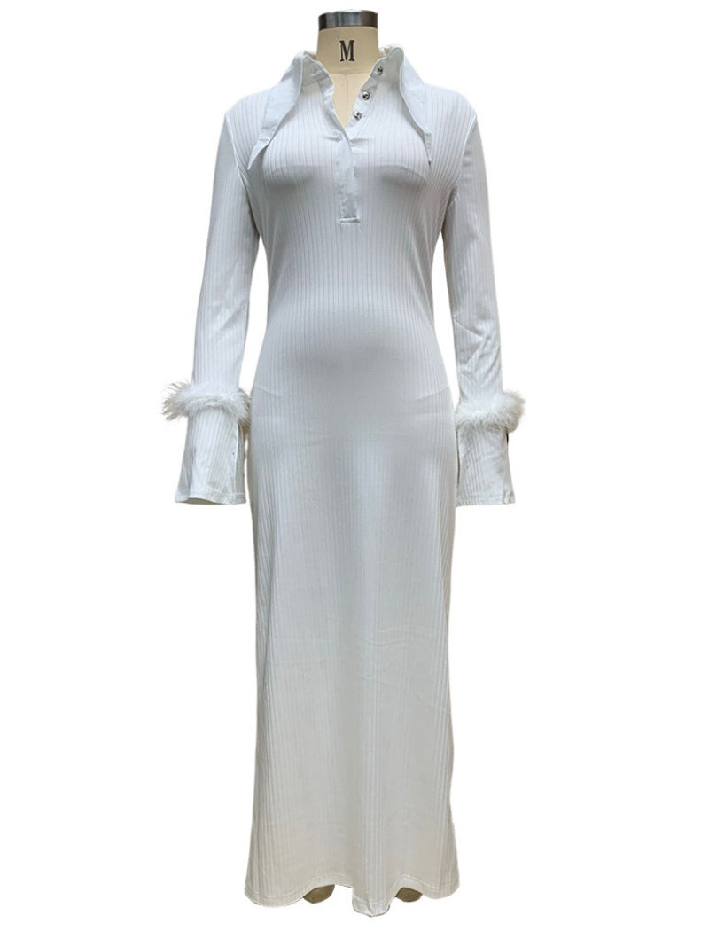 Feather Trim Ribbed Dress