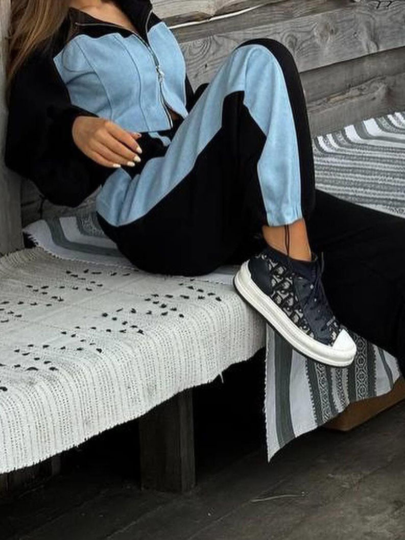 Zip-Up Cropped Hoodie and Colorblock Pants Set